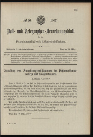 Post- und Telegraphen-Verordnungsblatt für das Verwaltungsgebiet des K.-K. Handelsministeriums 19070322 Seite: 1