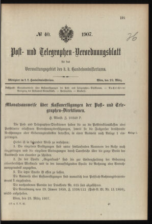 Post- und Telegraphen-Verordnungsblatt für das Verwaltungsgebiet des K.-K. Handelsministeriums 19070329 Seite: 1