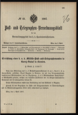 Post- und Telegraphen-Verordnungsblatt für das Verwaltungsgebiet des K.-K. Handelsministeriums 19070402 Seite: 1