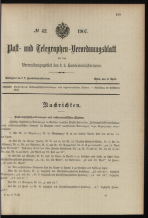 Post- und Telegraphen-Verordnungsblatt für das Verwaltungsgebiet des K.-K. Handelsministeriums 19070403 Seite: 1