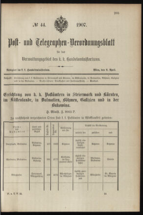 Post- und Telegraphen-Verordnungsblatt für das Verwaltungsgebiet des K.-K. Handelsministeriums 19070408 Seite: 1