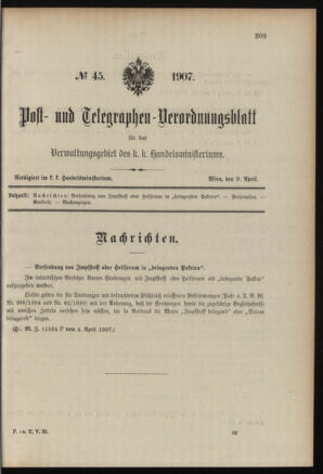 Post- und Telegraphen-Verordnungsblatt für das Verwaltungsgebiet des K.-K. Handelsministeriums 19070409 Seite: 1