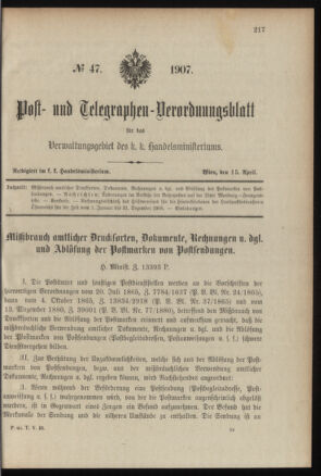 Post- und Telegraphen-Verordnungsblatt für das Verwaltungsgebiet des K.-K. Handelsministeriums 19070415 Seite: 1