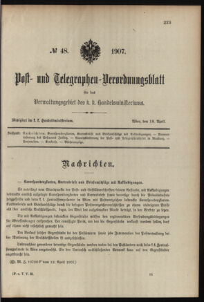 Post- und Telegraphen-Verordnungsblatt für das Verwaltungsgebiet des K.-K. Handelsministeriums 19070418 Seite: 1