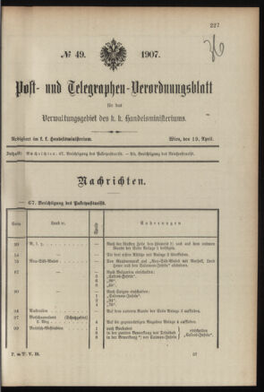 Post- und Telegraphen-Verordnungsblatt für das Verwaltungsgebiet des K.-K. Handelsministeriums 19070419 Seite: 1