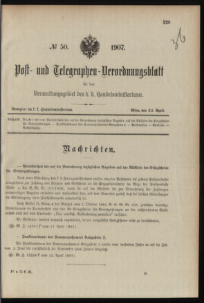 Post- und Telegraphen-Verordnungsblatt für das Verwaltungsgebiet des K.-K. Handelsministeriums 19070423 Seite: 1