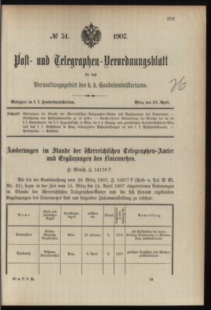 Post- und Telegraphen-Verordnungsblatt für das Verwaltungsgebiet des K.-K. Handelsministeriums 19070426 Seite: 1