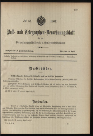 Post- und Telegraphen-Verordnungsblatt für das Verwaltungsgebiet des K.-K. Handelsministeriums 19070429 Seite: 1