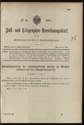 Post- und Telegraphen-Verordnungsblatt für das Verwaltungsgebiet des K.-K. Handelsministeriums 19070504 Seite: 1