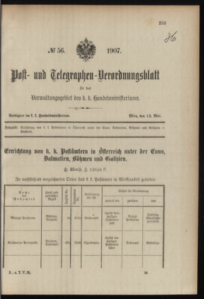 Post- und Telegraphen-Verordnungsblatt für das Verwaltungsgebiet des K.-K. Handelsministeriums 19070513 Seite: 1