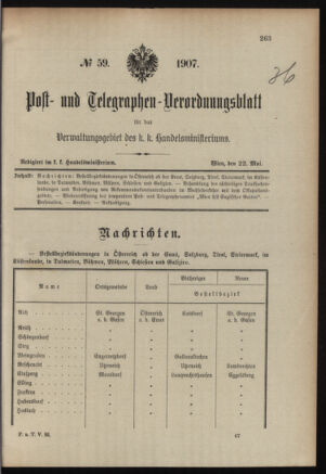 Post- und Telegraphen-Verordnungsblatt für das Verwaltungsgebiet des K.-K. Handelsministeriums 19070522 Seite: 1