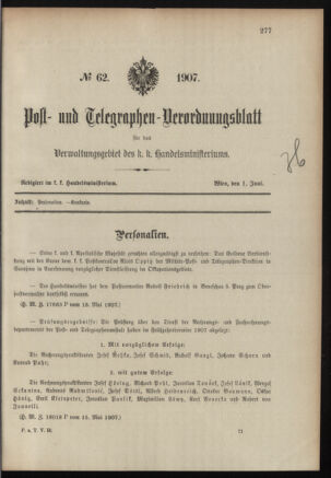 Post- und Telegraphen-Verordnungsblatt für das Verwaltungsgebiet des K.-K. Handelsministeriums 19070601 Seite: 1