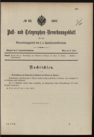 Post- und Telegraphen-Verordnungsblatt für das Verwaltungsgebiet des K.-K. Handelsministeriums 19070606 Seite: 1