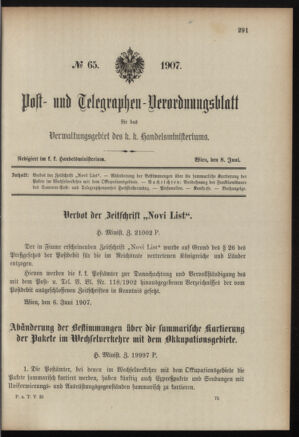 Post- und Telegraphen-Verordnungsblatt für das Verwaltungsgebiet des K.-K. Handelsministeriums 19070608 Seite: 1