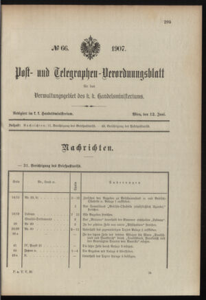 Post- und Telegraphen-Verordnungsblatt für das Verwaltungsgebiet des K.-K. Handelsministeriums 19070612 Seite: 1