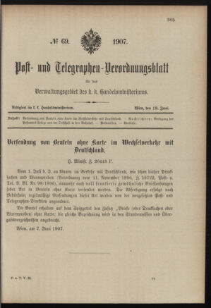 Post- und Telegraphen-Verordnungsblatt für das Verwaltungsgebiet des K.-K. Handelsministeriums 19070618 Seite: 1