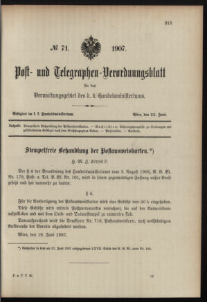 Post- und Telegraphen-Verordnungsblatt für das Verwaltungsgebiet des K.-K. Handelsministeriums 19070622 Seite: 1