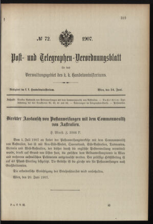 Post- und Telegraphen-Verordnungsblatt für das Verwaltungsgebiet des K.-K. Handelsministeriums 19070624 Seite: 1