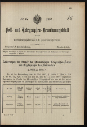 Post- und Telegraphen-Verordnungsblatt für das Verwaltungsgebiet des K.-K. Handelsministeriums 19070702 Seite: 1