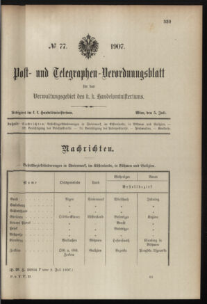 Post- und Telegraphen-Verordnungsblatt für das Verwaltungsgebiet des K.-K. Handelsministeriums 19070705 Seite: 1