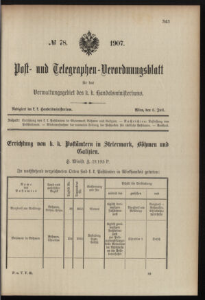 Post- und Telegraphen-Verordnungsblatt für das Verwaltungsgebiet des K.-K. Handelsministeriums 19070706 Seite: 1