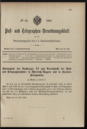 Post- und Telegraphen-Verordnungsblatt für das Verwaltungsgebiet des K.-K. Handelsministeriums 19070722 Seite: 1