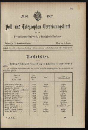 Post- und Telegraphen-Verordnungsblatt für das Verwaltungsgebiet des K.-K. Handelsministeriums 19070801 Seite: 1