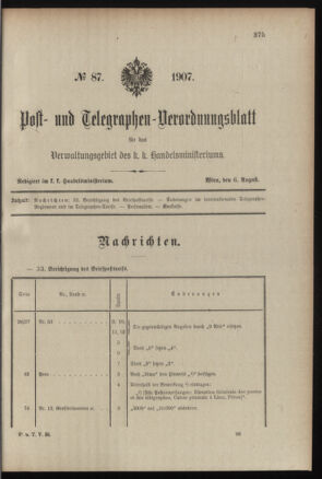 Post- und Telegraphen-Verordnungsblatt für das Verwaltungsgebiet des K.-K. Handelsministeriums 19070806 Seite: 1