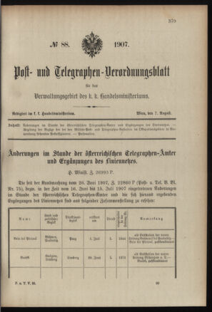 Post- und Telegraphen-Verordnungsblatt für das Verwaltungsgebiet des K.-K. Handelsministeriums 19070807 Seite: 1