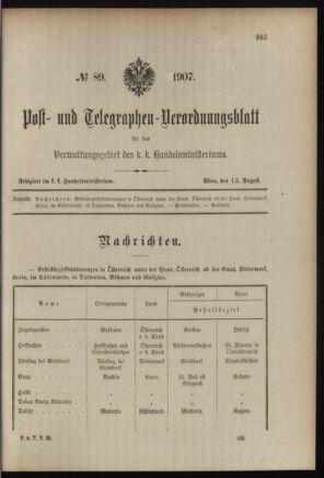 Post- und Telegraphen-Verordnungsblatt für das Verwaltungsgebiet des K.-K. Handelsministeriums 19070813 Seite: 1