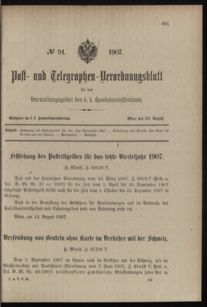 Post- und Telegraphen-Verordnungsblatt für das Verwaltungsgebiet des K.-K. Handelsministeriums 19070820 Seite: 1