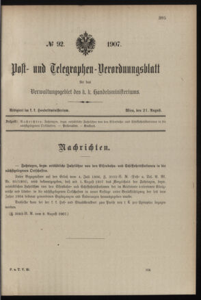 Post- und Telegraphen-Verordnungsblatt für das Verwaltungsgebiet des K.-K. Handelsministeriums 19070821 Seite: 1