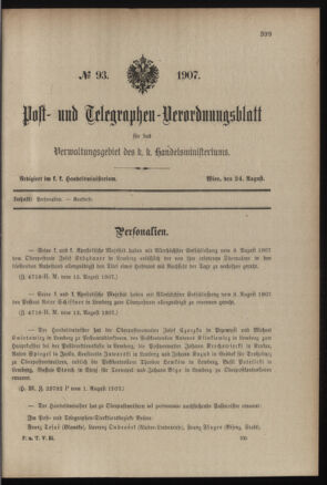 Post- und Telegraphen-Verordnungsblatt für das Verwaltungsgebiet des K.-K. Handelsministeriums 19070824 Seite: 1