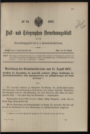 Post- und Telegraphen-Verordnungsblatt für das Verwaltungsgebiet des K.-K. Handelsministeriums 19070828 Seite: 1