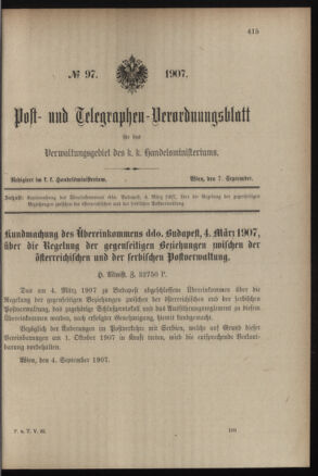 Post- und Telegraphen-Verordnungsblatt für das Verwaltungsgebiet des K.-K. Handelsministeriums 19070907 Seite: 1