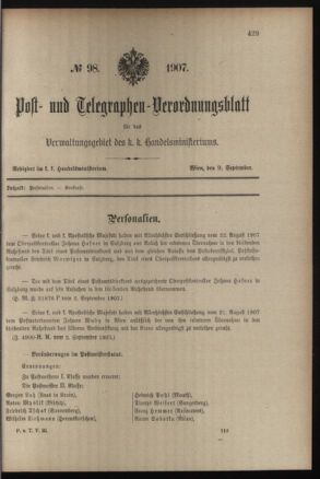 Post- und Telegraphen-Verordnungsblatt für das Verwaltungsgebiet des K.-K. Handelsministeriums 19070909 Seite: 1