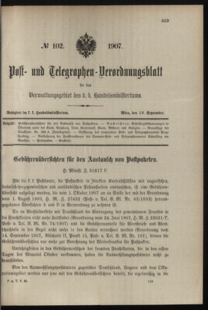 Post- und Telegraphen-Verordnungsblatt für das Verwaltungsgebiet des K.-K. Handelsministeriums 19070919 Seite: 1