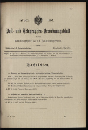 Post- und Telegraphen-Verordnungsblatt für das Verwaltungsgebiet des K.-K. Handelsministeriums 19070923 Seite: 1