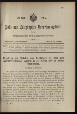 Post- und Telegraphen-Verordnungsblatt für das Verwaltungsgebiet des K.-K. Handelsministeriums 19070925 Seite: 1