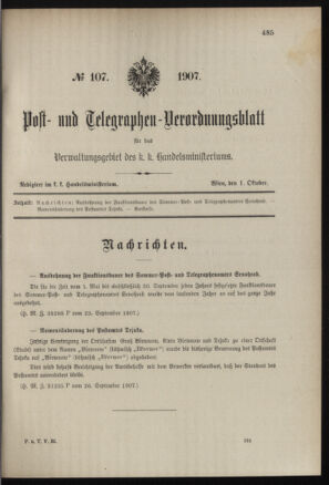 Post- und Telegraphen-Verordnungsblatt für das Verwaltungsgebiet des K.-K. Handelsministeriums 19071001 Seite: 1