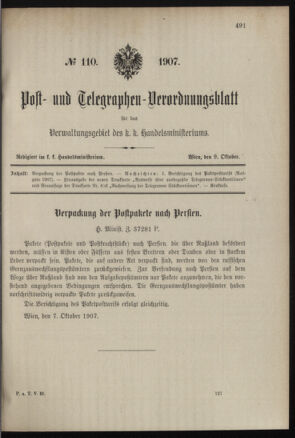 Post- und Telegraphen-Verordnungsblatt für das Verwaltungsgebiet des K.-K. Handelsministeriums 19071009 Seite: 1