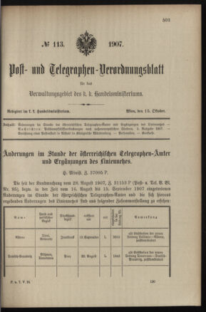 Post- und Telegraphen-Verordnungsblatt für das Verwaltungsgebiet des K.-K. Handelsministeriums 19071015 Seite: 1