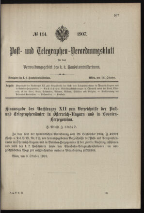 Post- und Telegraphen-Verordnungsblatt für das Verwaltungsgebiet des K.-K. Handelsministeriums 19071016 Seite: 1