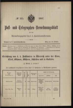 Post- und Telegraphen-Verordnungsblatt für das Verwaltungsgebiet des K.-K. Handelsministeriums 19071018 Seite: 1