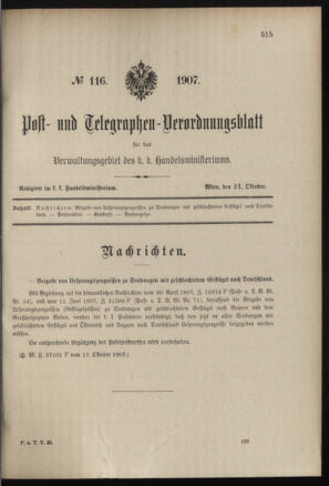 Post- und Telegraphen-Verordnungsblatt für das Verwaltungsgebiet des K.-K. Handelsministeriums 19071021 Seite: 1