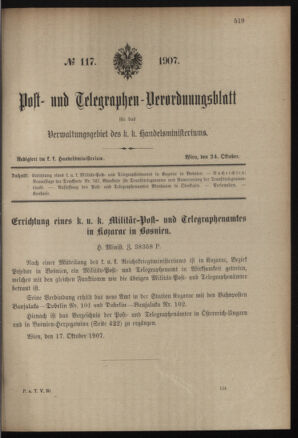 Post- und Telegraphen-Verordnungsblatt für das Verwaltungsgebiet des K.-K. Handelsministeriums 19071024 Seite: 1