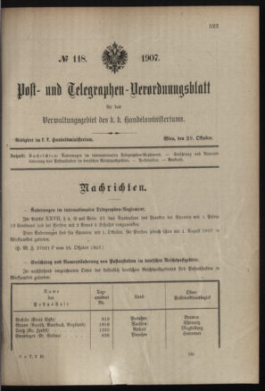 Post- und Telegraphen-Verordnungsblatt für das Verwaltungsgebiet des K.-K. Handelsministeriums 19071029 Seite: 1