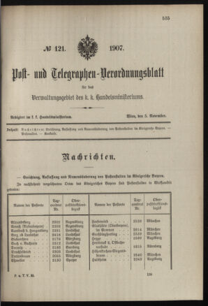 Post- und Telegraphen-Verordnungsblatt für das Verwaltungsgebiet des K.-K. Handelsministeriums 19071105 Seite: 1