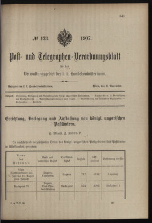 Post- und Telegraphen-Verordnungsblatt für das Verwaltungsgebiet des K.-K. Handelsministeriums 19071108 Seite: 1