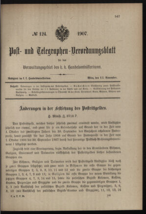 Post- und Telegraphen-Verordnungsblatt für das Verwaltungsgebiet des K.-K. Handelsministeriums 19071113 Seite: 1